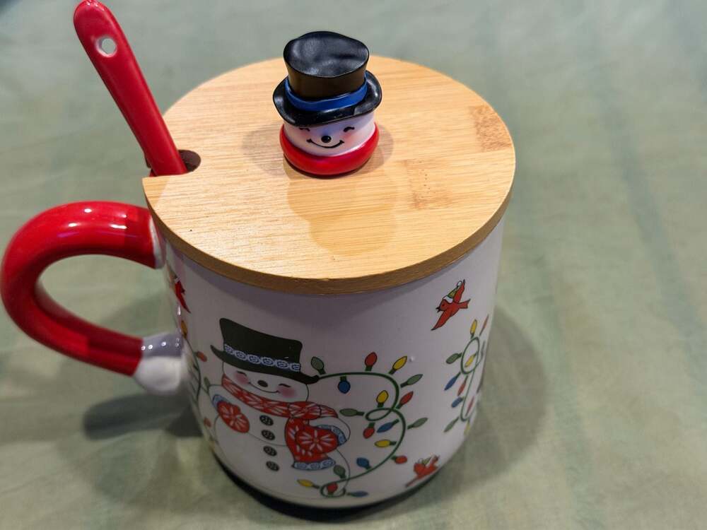 Christmas Snowman and Penguin Ceramic Mug with Wooden Lid and Red Spoon